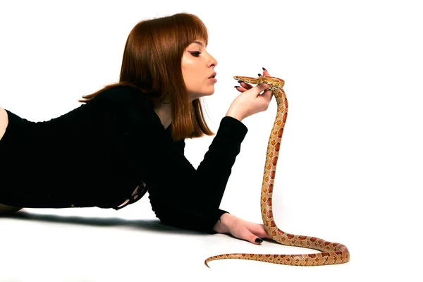 Beautiful Woman Black Bodywear Snake Ginger Model Girl Fashion Perfect — Stock Photo, Image