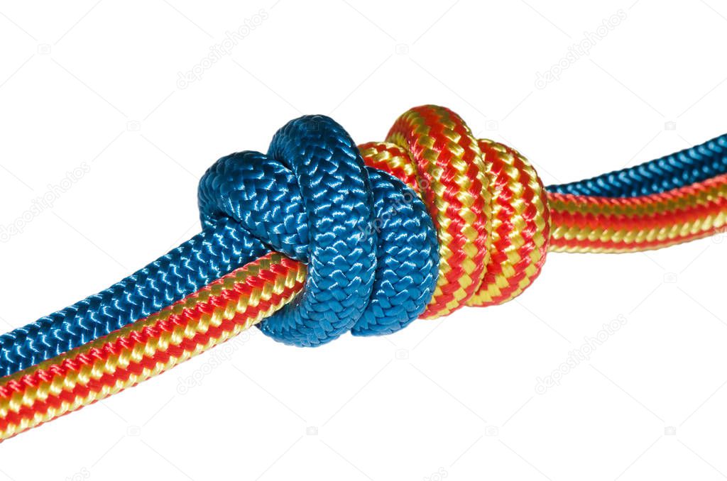 Grapevine knot, blue and orange rope. 