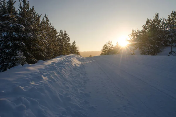 Winter weg en zon — Stockfoto