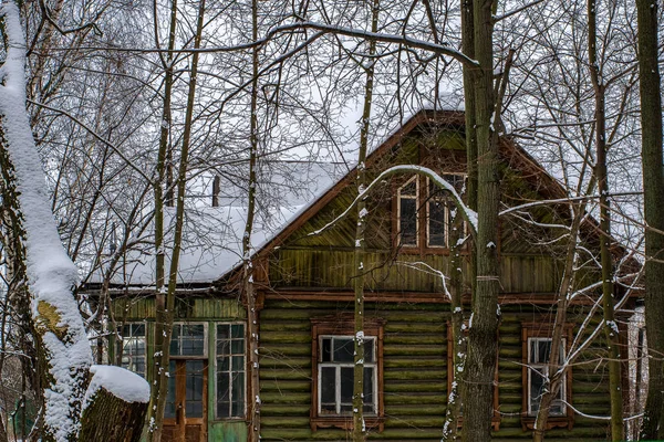 Old classic Russian house in a suburban forest in winter