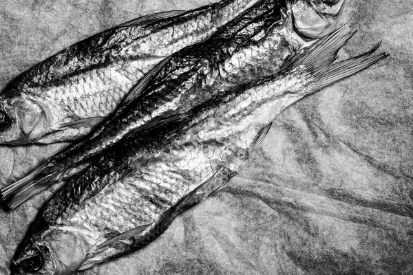 Svart och vitt foto av tre fiskar på vintage skrynkligt papper. — Stockfoto
