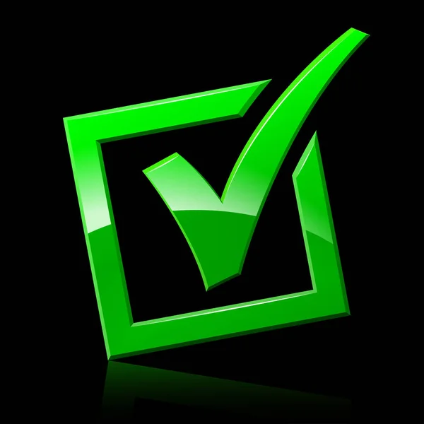 Marca de verificación verde sobre fondo negro — Vector de stock
