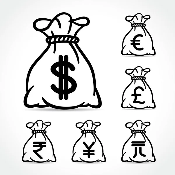 Icone borsa soldi su sfondo bianco — Vettoriale Stock