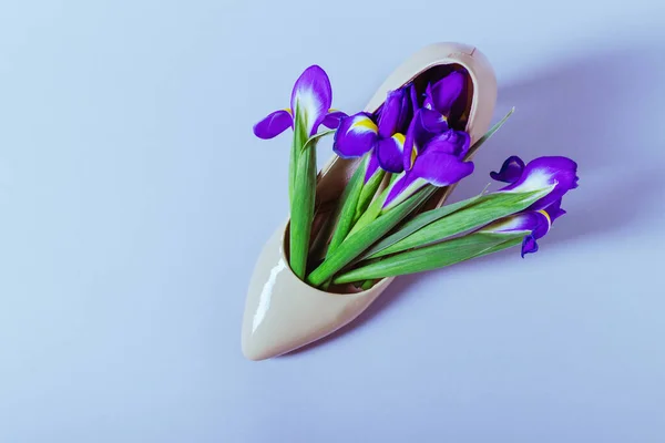 一束虹膜把花和米色高跟鞋当作花瓶 蓝色背景 — 图库照片