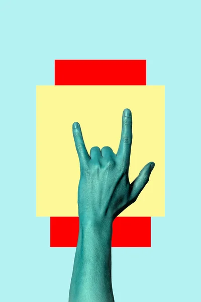 Hand gesture three fingers up. Blue background with a yellow square and a red rectangle. Collage art.