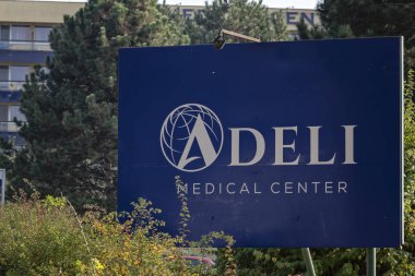 Piestany, Slovakia - October 25th 2019: Adeli sign board in front of the building of rehabilitation centre Adeli Medical Center