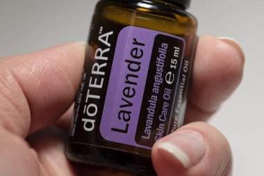 Banska Bystrica, Slovakya - 29 Aralık 2019: Yüksek kaliteli esaslı petrol Doterra markası. Lavanta yağı. Sağlık ve refah kavramı. Seçici odak.