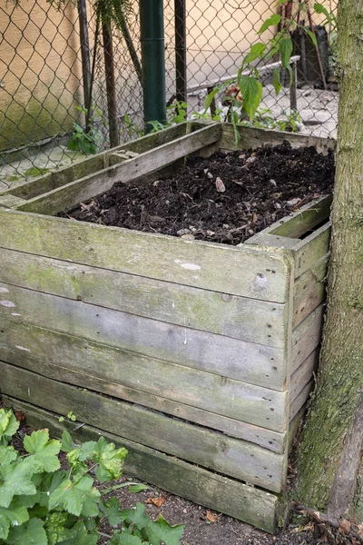 Contenitore Compost Legno Fatto Casa Nel Giardino Riciclaggio Compost Materiali — Foto Stock