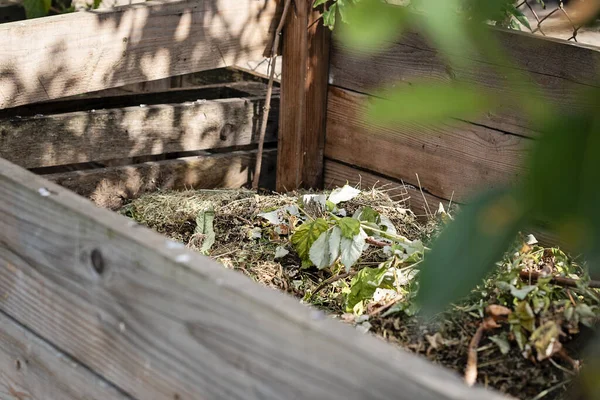 Domácí Dřevěný Koš Kompost Zahradě Recyklace Biologicky Rozložitelného Organického Materiálu — Stock fotografie