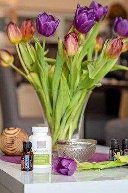 Banska Bystrica, Slovakya - 13 Nisan 2020: Yüksek kaliteli gerekli petrol ZenGest ve TerraZyme Doterra markası. Sağlık ve refah kavramı. Seçici odak.