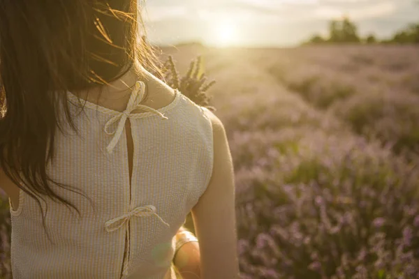 Adorable lavender field mood unrecognizable portrait of young tender woman. — Stock Photo, Image