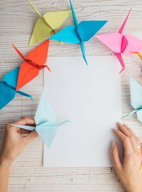 Origami. Boş beyaz kağıt. Üstten Görünüm. Kadın eller. Mockup şablonu