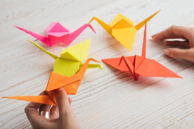 Origami masanın üzerinde. Turuncu, kırmızı ve pembe kuş kağıt rakamlar. Üstten Görünüm