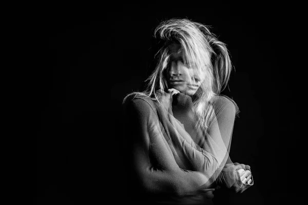 Emotional dreamy woman portrait triple Multiple exposure black and white photo. Hug suport and love emotions — Stock Photo, Image