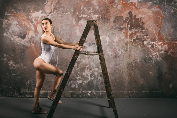 Sport challenge climbs up the stairs. Hard way to perfect body. Tight athletic buttocks ass — Stock Photo, Image