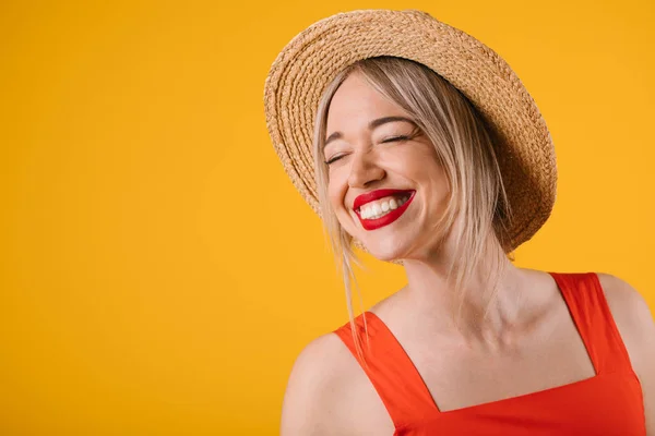 Adorable happy summer mood woman with clothed eyes. pleasure from anticipation of summer vacation. — Stock Photo, Image