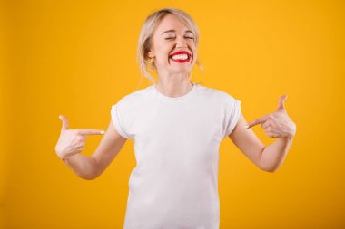 Silly smiling funny woman in white t-shirt where you can place ypur logo text or image. clipart