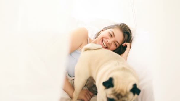 De mopshond hond wakker zijn maîtresse in de ochtend in bed. Aantrekkelijke brunette vrouw lachen. Videobeelden — Stockvideo