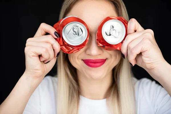 Funny Glasses Made Cans Blonde Woman Red Lips Portrait Black — Stock Photo, Image