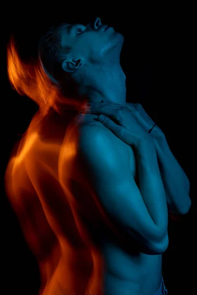Sexy Young Man Naked Torso Looking Hugging Himself Long Exposure — 스톡 사진