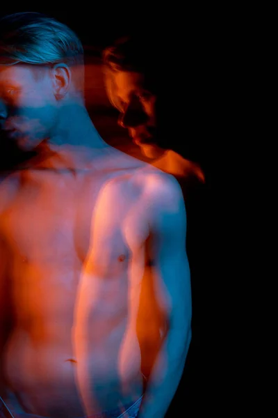Dreamy Naked Torso Attractive Young Man Long Exposure Portrait Looking — 스톡 사진