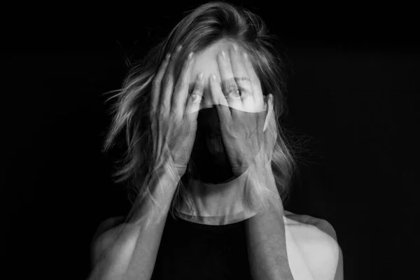 Eyes Closed Hands Ignorance Bliss Dramatic Black White Artistic Portrait — Stock Photo, Image