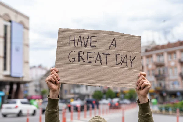 Have Great Day Card Happy Kind Wish Hand Holding Sign — Stock Photo, Image