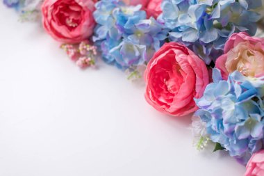 Çiçek çerçevesi, afiş. Mavi ve pembe çiçekli kartpostal: ortanca, beyaz arka planda şakayıklar. Metin için boşluk