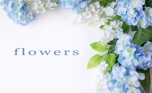 Flower frame. Postcard with blue hydrangea flowers on a white background. Space for text — Stock Photo, Image