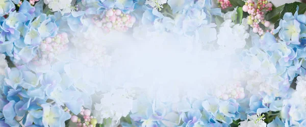 Flower frame, banner. Postcard with blue hydrangea flowers on a white background. Space for text.