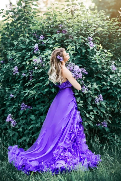 美しい若い女性が咲く春のライラックの庭で匂いを楽しんでいます 彼女の髪に花 彼女は電車の中で長くシックな紫色のドレスを着ています ハイファッションの芸術的なイメージ 温かみのある色彩を基調としたファンタジーとアート作品 — ストック写真
