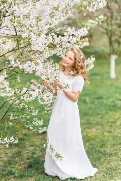 Красива Молода Дівчина Білій Довгій Сукні Квітучому Весняному Саду — стокове фото