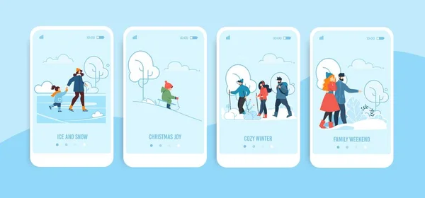 Mobile Bildschirme mit Familien-Winteraktivitäten — Stockvektor