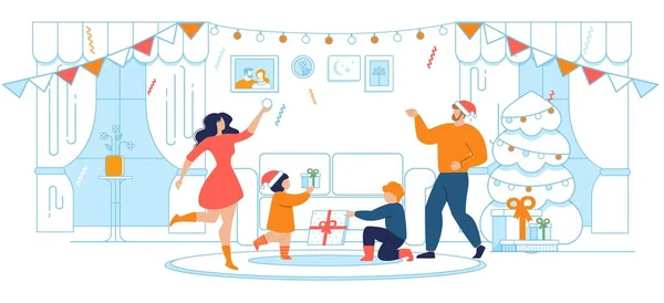Navidad y Año Nuevo Celebración Familiar Dibujos Animados — Archivo Imágenes Vectoriales