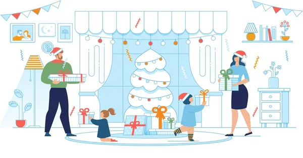 Parents et enfants en échange de vêtements de fête Cadeaux — Image vectorielle