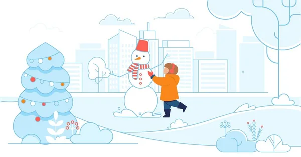 Cartoon Happy Child Making Snowman on City Street