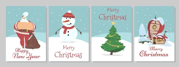 Tarjetas de felicitación Santa Claus, Muñeco de nieve, Abeto decorado — Vector de stock