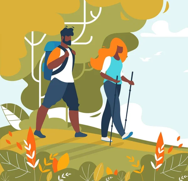 Hombre y mujer Pareja Turistas Trekking y senderismo — Vector de stock