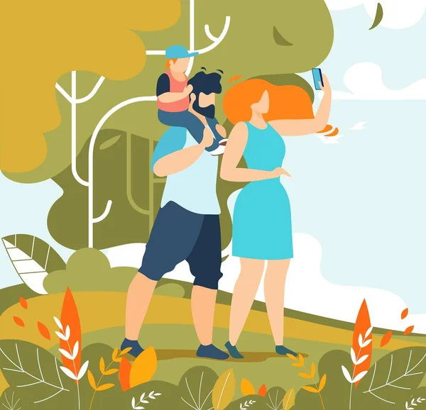 Familia pareja con niño tomando selfie en la naturaleza — Vector de stock