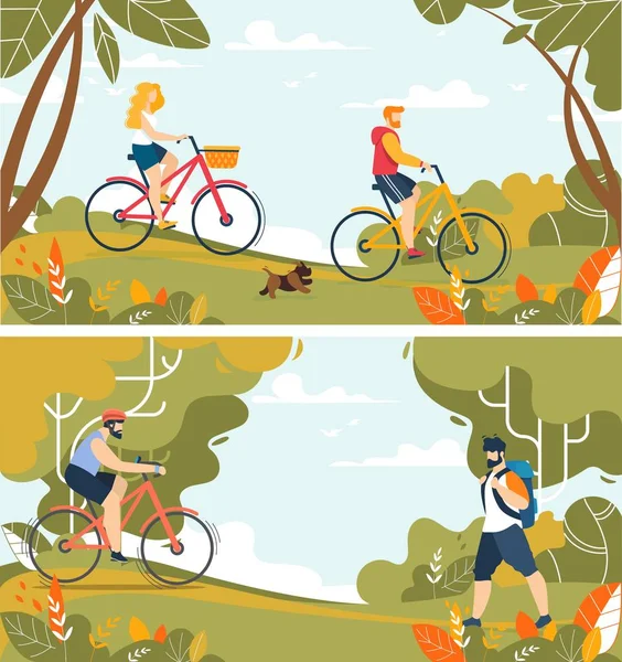 Gente feliz Turistas Personajes en la naturaleza Set — Vector de stock