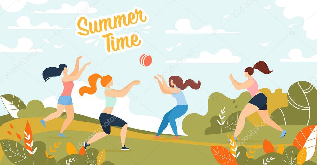 Summer Time Banner with Happy Women Playing Ball