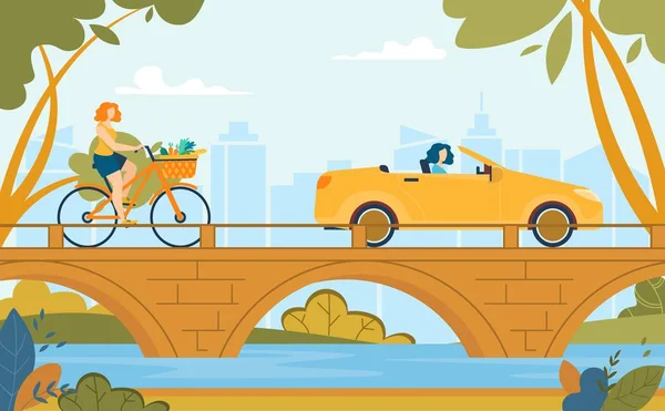 Nők kerékpározás és vezetés Autó Nyári rajzfilm — Stock Vector