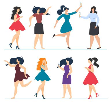 Çizgi film Zarif Elbise Düz Seti İçinde Güzel Kadın