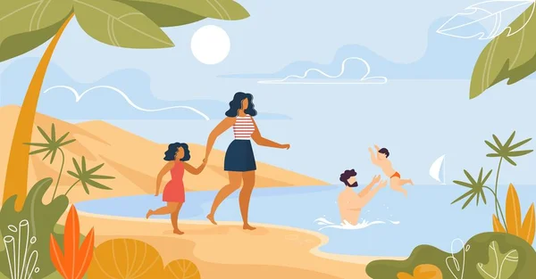 Famiglia Riposo sulla spiaggia tropicale vicino Sea Cartoon — Vettoriale Stock