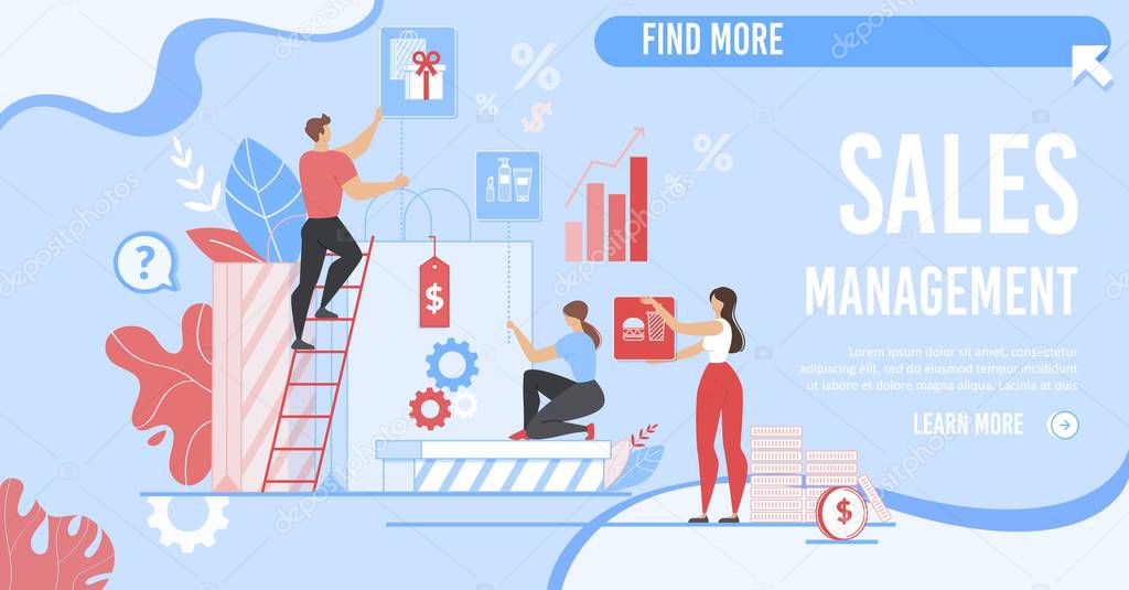 Business Flat Landing Page for Online Service Helping in Sales Management, Financial Strategy Planning. Cartoon People Analyzing Statistics, Choosing Effective Marketing Plan. Vector Illustration