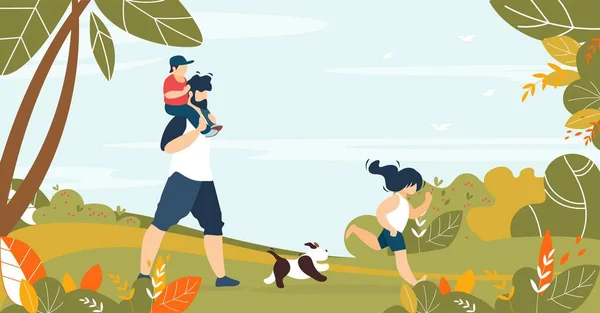 Padre caminando con niños y mascotas en el bosque — Vector de stock