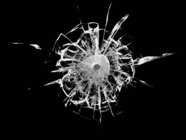 Cracked glass broken window on black background. Texture of broken windscreen.