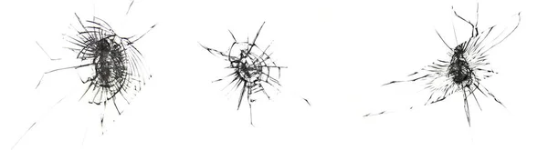 白い背景に割れガラス窓のコラージュセット ガラスの保護や破壊者による損傷のバンプ — ストック写真