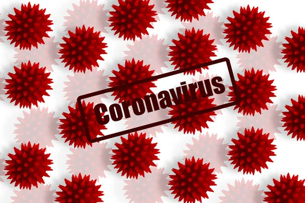 Inscripción Roja Coronavirus Células Virales Foto Ilustración Virus Covid Sobre — Foto de Stock