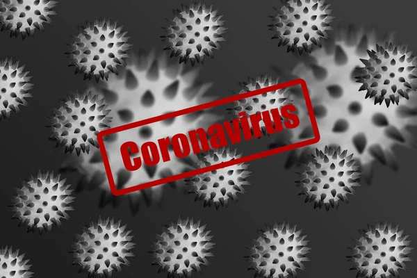 Inscripción Coronavirus Rojo Imágenes Células Virales Negras Infección Por Covid19 — Foto de Stock